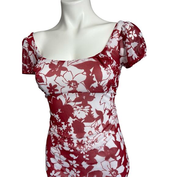 y2k Hot Kiss Babydoll Mesh Top Size Small Puff Sleeve Tie Back Floral Red Fairy - Picture 5 of 9